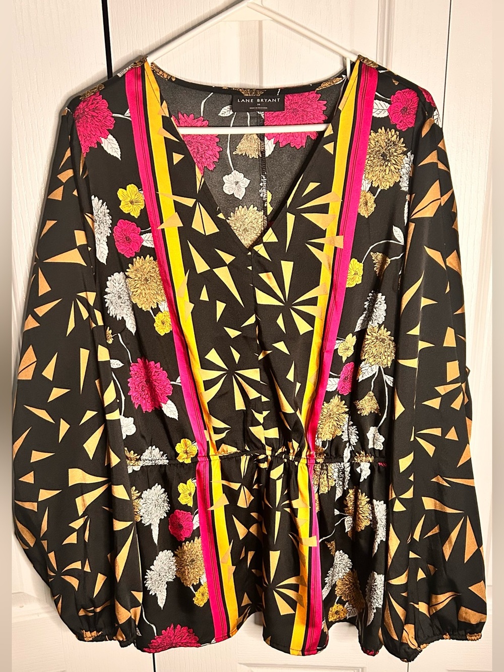 Lane Bryant Womens Black Floral Print V-Neck Peplum Elastic Waist Blouse Size 20